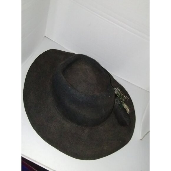 Vintage Black Wool Wide-Brim Hat With Feather Accent & Decorative Emblem - Picture 5 of 6